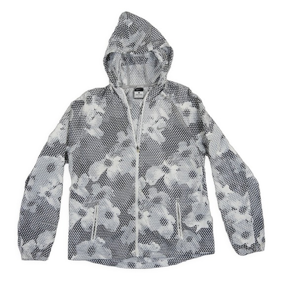 Nike Running Women's Size Large Grey Geometric Floral Hooded Windbreaker Jacket - Picture 2 of 7